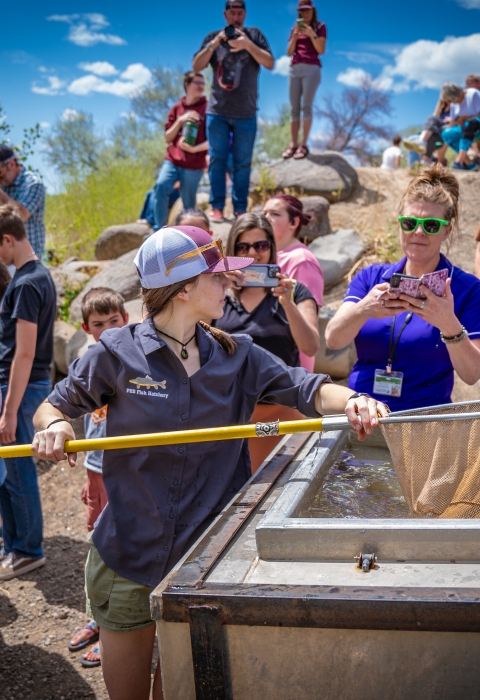 A high school student holding a net over a fish trailer. There are hundreds of people in the background as well as green trees and a blue sky with clouds.