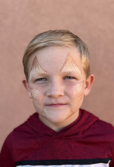 three images of a blond child showing the progression through steps to create a horned lizard face paint look.