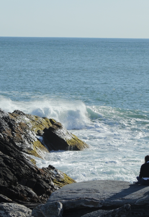 Two adults sitting on rock with back facing camera, looking out into crashing waves in ocean.