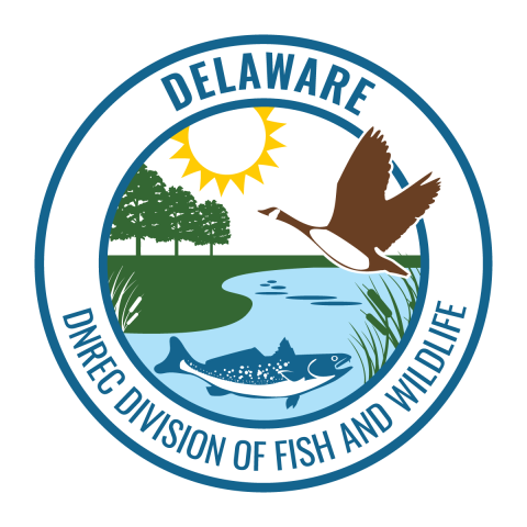 Round Delaware Division of Fish and Wildlife logo with waterfowl and fish.