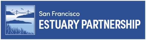 Logo that reads, San Francisco Estuary Partnership with a square illustration of a shy blue river with three dark blue mounds of land flowing into marsh grass. 