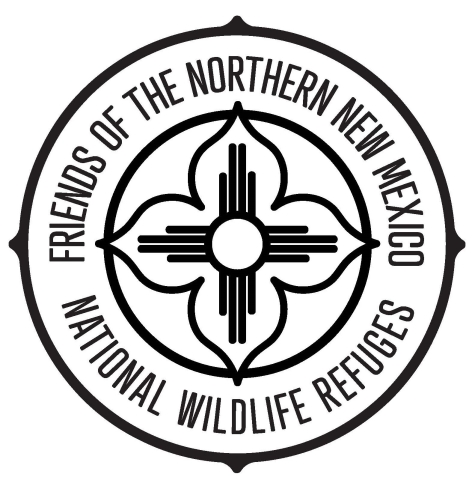 A circular logo with the zia symbol in the middle of a flower and the lettering of the Friends of the Northern New Mexico National Wildlife Refuges in the circle border