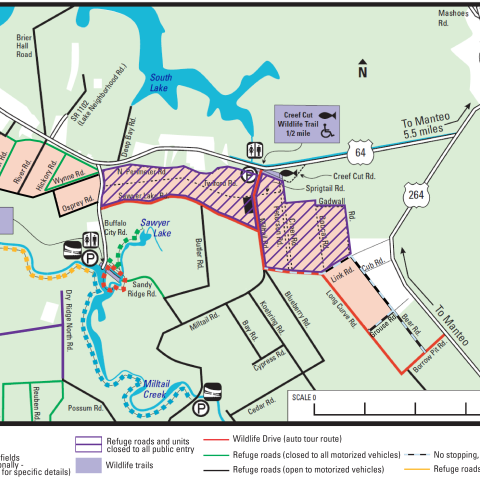 A complex map showing the refuge boundary, roads, and walking trails, colored in purple, green, and yellow to indicate access. For accessibility, please call 252-473-1131