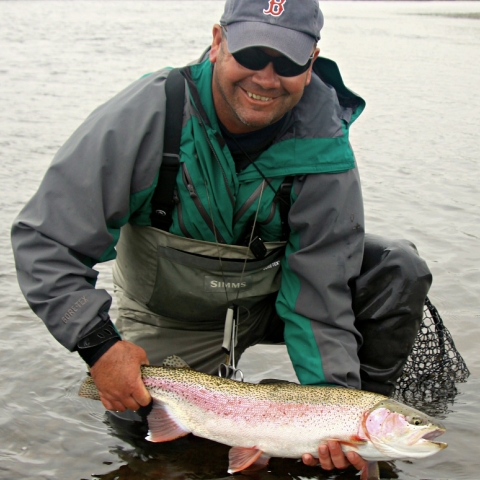 A fish biologist holding a large salmonid fish in a body of water while wearing chest waders and a Boston Red Sox hat. 
