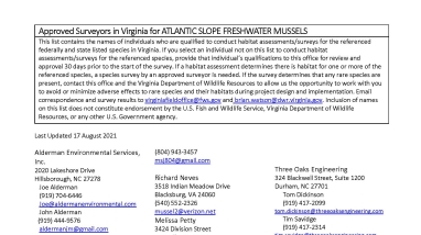 This is an image of one of the approved surveyors lists for Virginia (Atlantic Slope Mussels) in the library collection of qualified individuals. These lists contain the names of individuals who are qualified to conduct habitat assessments/surveys for the referenced species in Virginia.
