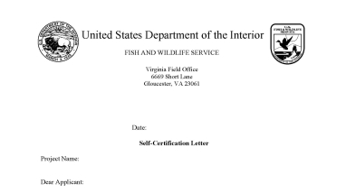 This is an image of the first page of the self-certification letter template used for project review in Virginia. By printing this letter in conjunction with your project review package, you are certifying that you have completed the online project review process for the project named in accordance with all instructions provided, using the best available information to reach your conclusions.