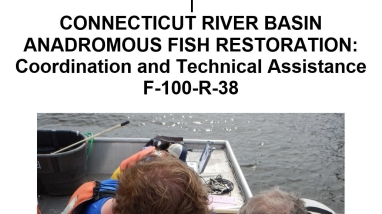 Cover of Connecticut River Basin Annual report for 2021 with image of surgical implant of acoustic tag into a Blueback Herring in April of 2021 for the migration and movement study done cooperatively with the United States Geological Survey’s. Conte Anadromous Fish Research Center
