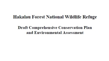 Plan white report cover with a title in black text that reads Hakalau Forest National Wildlife Refuge Draft Comprehensive Conservation Plan and Environmental Assessment