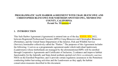 PROGRAMMATIC SAFE HARBOR AGREEMENT WITH CRAIG BLENCOWE AND CHRISTOPHER BLENCOWE FOR NORTHERN SPOTTED OWL, MENDOCINO COUNTY, CALIFORNIA