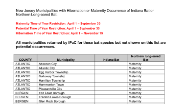 New Jersey Municipalities with Hibernation or Maternity Occurrence of Indiana Bat or Northern Long-eared Bat