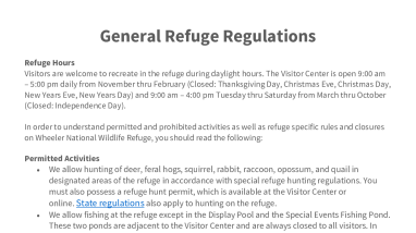 Wheeler NWR - General Refuge Regulations
