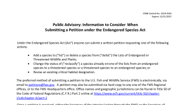 Public Advisory on Submitting Petitions Under the Endangered Species Act