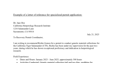 Example Letter of Reference for a Specialized Recovery Permit Application