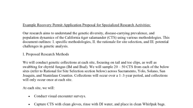 Example Project Proposal for Specialized Recovery Permit Application