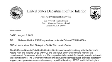 Klamath Juvenile Salmonid Health Update - August 2, 2021