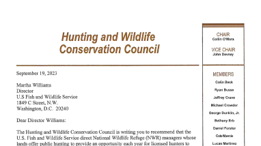 Letter to USFWS Director Martha Williams regarding opportunities for Hunters