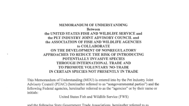 Memorandum of Understanding between the U.S. Fish and Wildlife Service, Pet Industry Joint Advisory Council, Association of Fish and Wildlife Agency