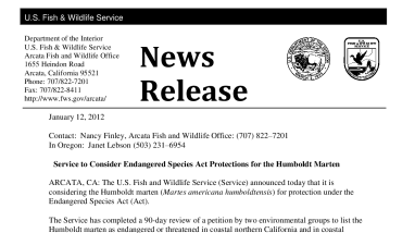 News Release Humboldt Marten 90-Day Finding
