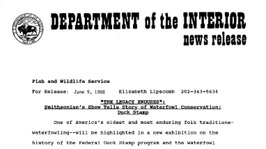 "The Legacy Endures": Smithsonian's Show Tells Story of Waterfowl Conservation; Duck Stamp June 9, 1988