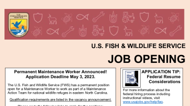 US Fish and Wildlife Service Job Openings- Permanent Maintenance Worker in eastern North Carolina