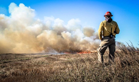 A firefighter in protective gear hangs back from a fire and watches the smoke plume