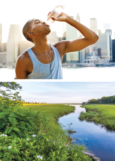 Two Images. Tap: man drinking water with a city-scape background. Bottom: stream meandering along a lush streambank.