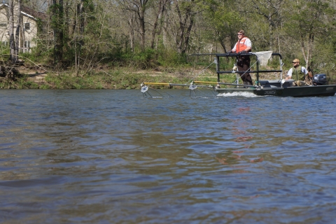 Two people in a boat in a river. One operating the motor, while the other is in the bow holding a fish net