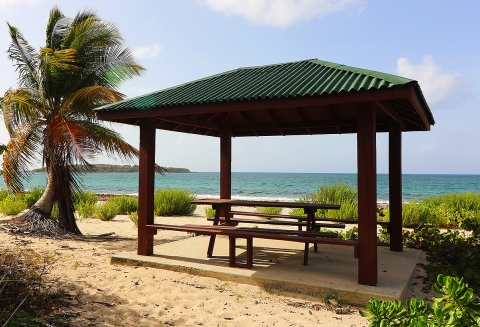 Picnic gazebo with table on the beach at Vieques National Wildlife Refuge