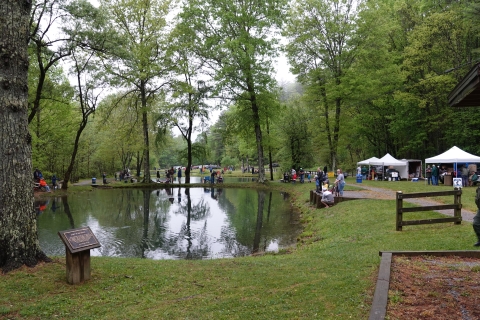 A green pond surrounded by several people fishing with white tents visible in the background