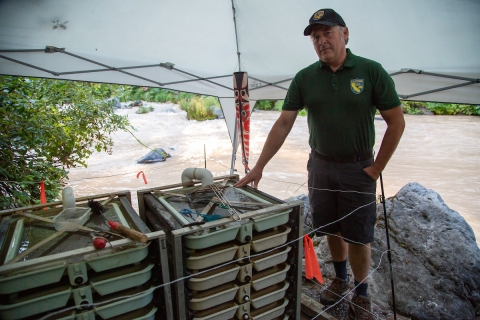 A man points to a system of stacked trays on the bank of a muddy river