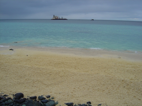 After the M/V Selendang Ayu broke in half, it spilled its cargo of soybeans, which are seen here covering the nearby shoreline.