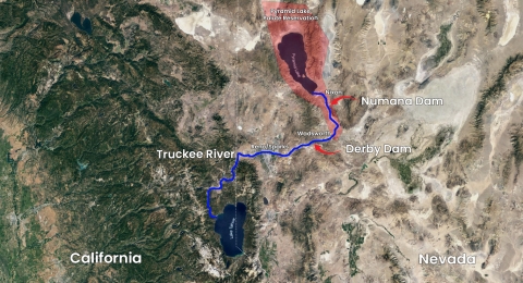 A map featuring Truckee River connecting Lake Tahoe and Pyramid Lake, the California-Nevada state lines with arrows pointing to Derby Dam and Numana Dam.