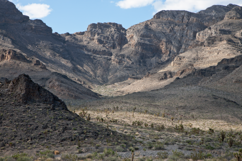 Mountains rising sharply up from the desert floor