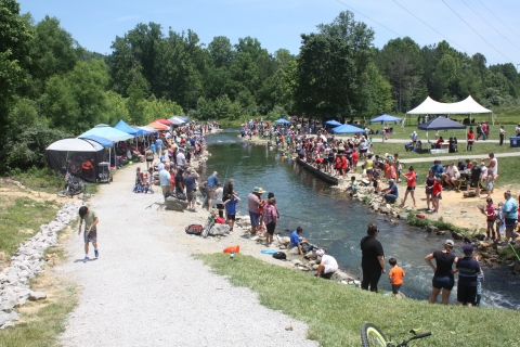 crowd of people fishing at a creek