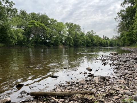 A view of river and trees with rocks in the foreground.