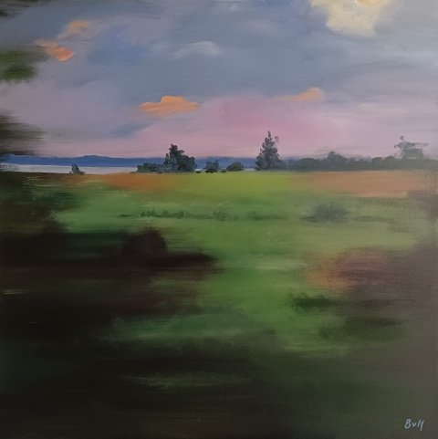 Painting of marsh and forest landscape