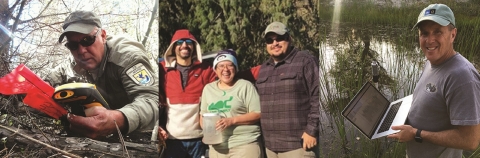 Collage of people out in nature working/posing