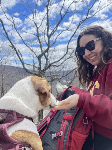 A woman in a red sweatshirt and sunglasses smiles as she feeds a brown and white dog. A tree with no leaves stands in the background against a blue sky spotted with clouds.