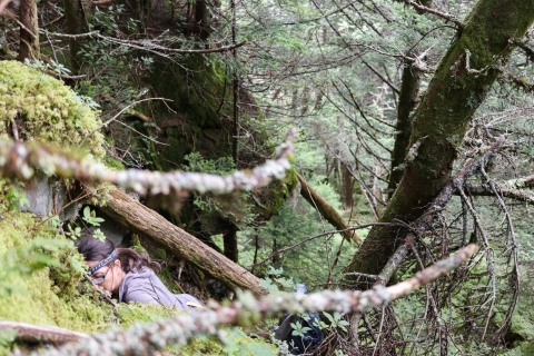 Biologist laying against a moss-covered mountainside
