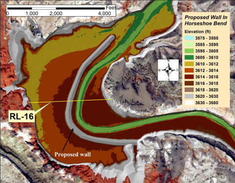 Color coded graph showing the change of elevation of the Horseshoe Bend Marina and proposed sediment wall