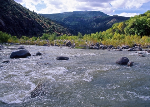 A river with mountains behind it