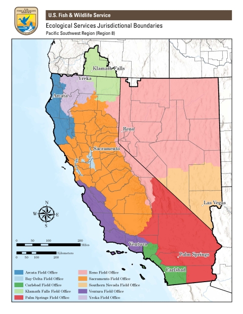 This map of the U.S. Fish and Wildlife Service Pacific Southwest Region depicts the jurisdictional boundaries for the Ecological Services Field Offices.