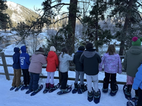 A group of 10 students in snowshoes look over a fence at a creek