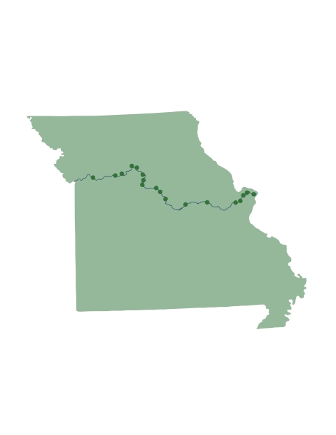 Graphic of Missouri with Missouri River and green dots for Big Muddy Refuge Units