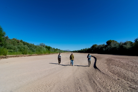 Three people walking down a sandy path