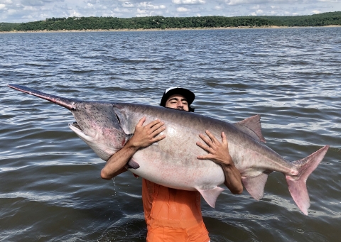 A man holding a large fish by a lake