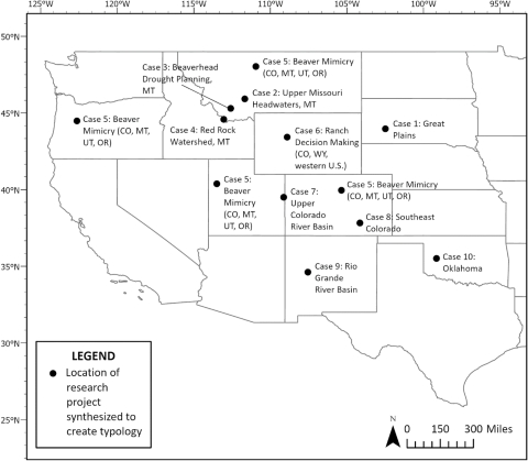 A map of the western US with labeled points in several states