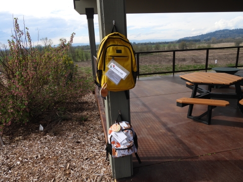 A yellow backpack and white backpack for reserve