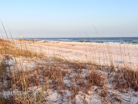 A white sand beach alongside the Gulf