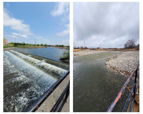 Before and after dam removal. Before: A dam with water running over it in a waterfall. After: A free-flowing river with a natural-looking rocky riverbank.